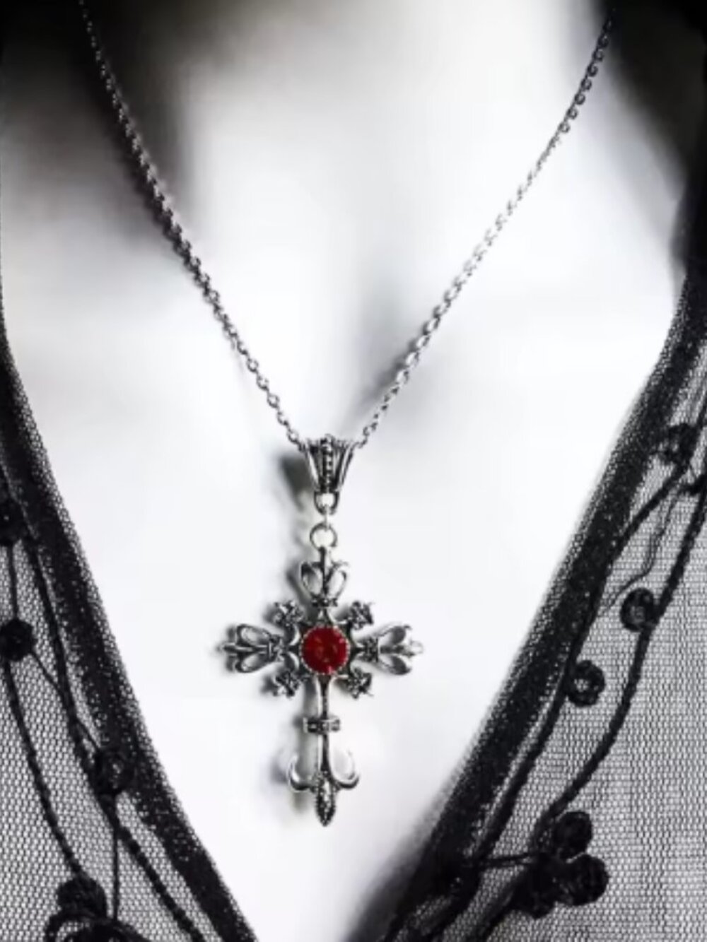 Gothic Cross Necklace Red Gem Silver Tone Vintage Punk Y2K Halloween Jewelry